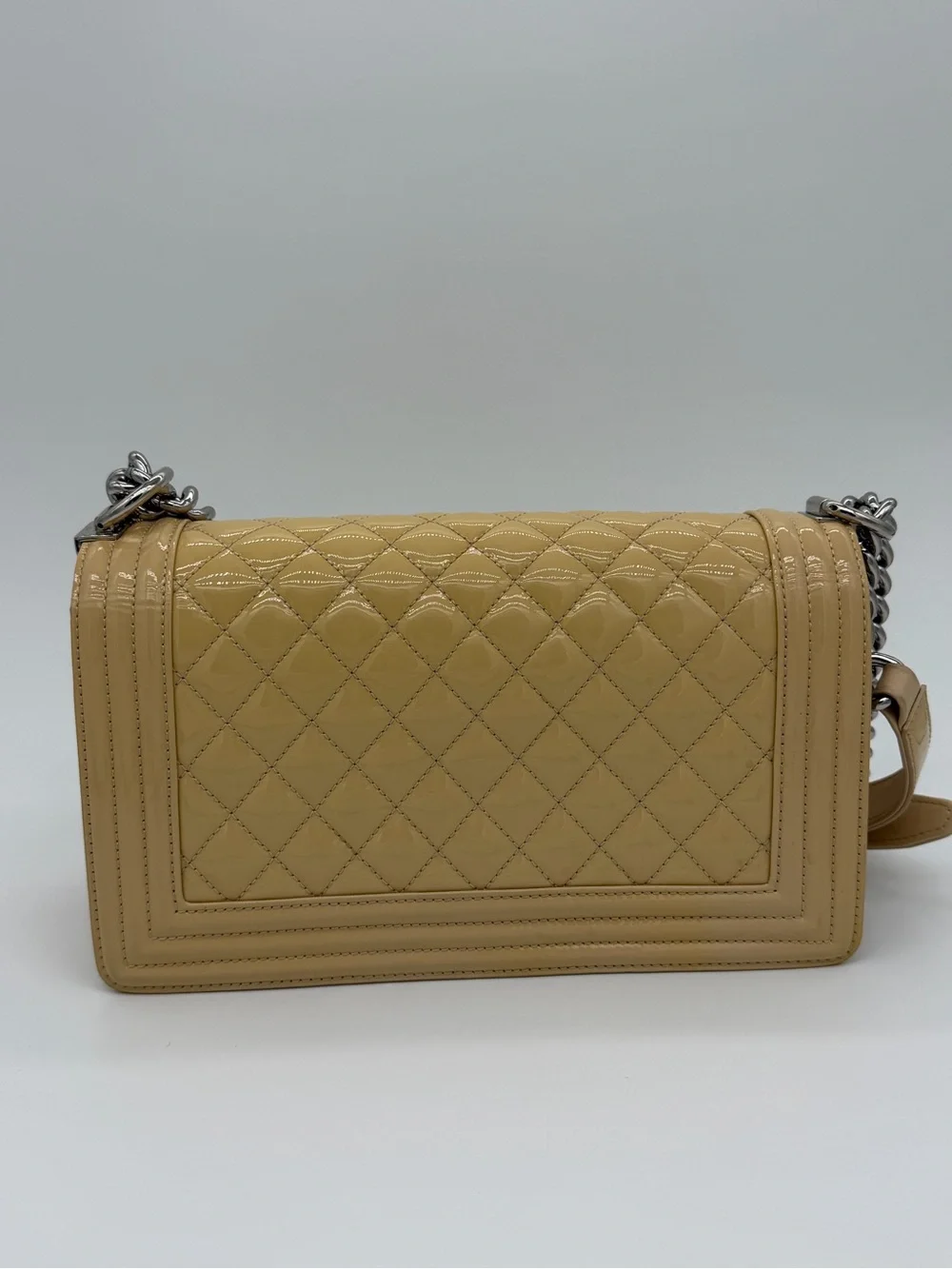 CHANEL Medium Boy Bag Beige Patent Quilted Shoulder Bag with Silver Chain